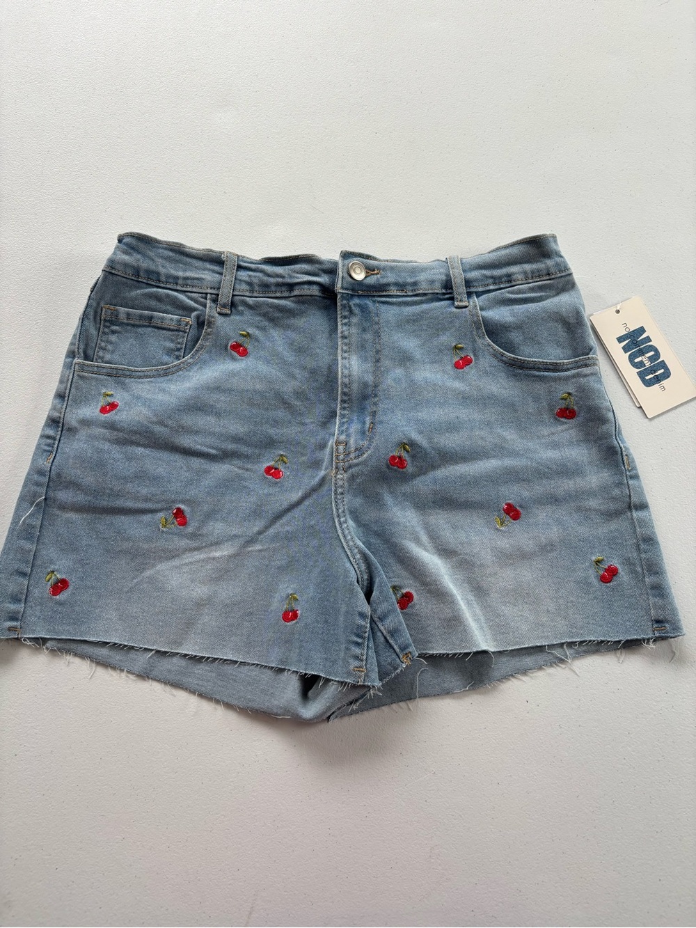 Light Blue Cherry-Embroidered Denim Shorts